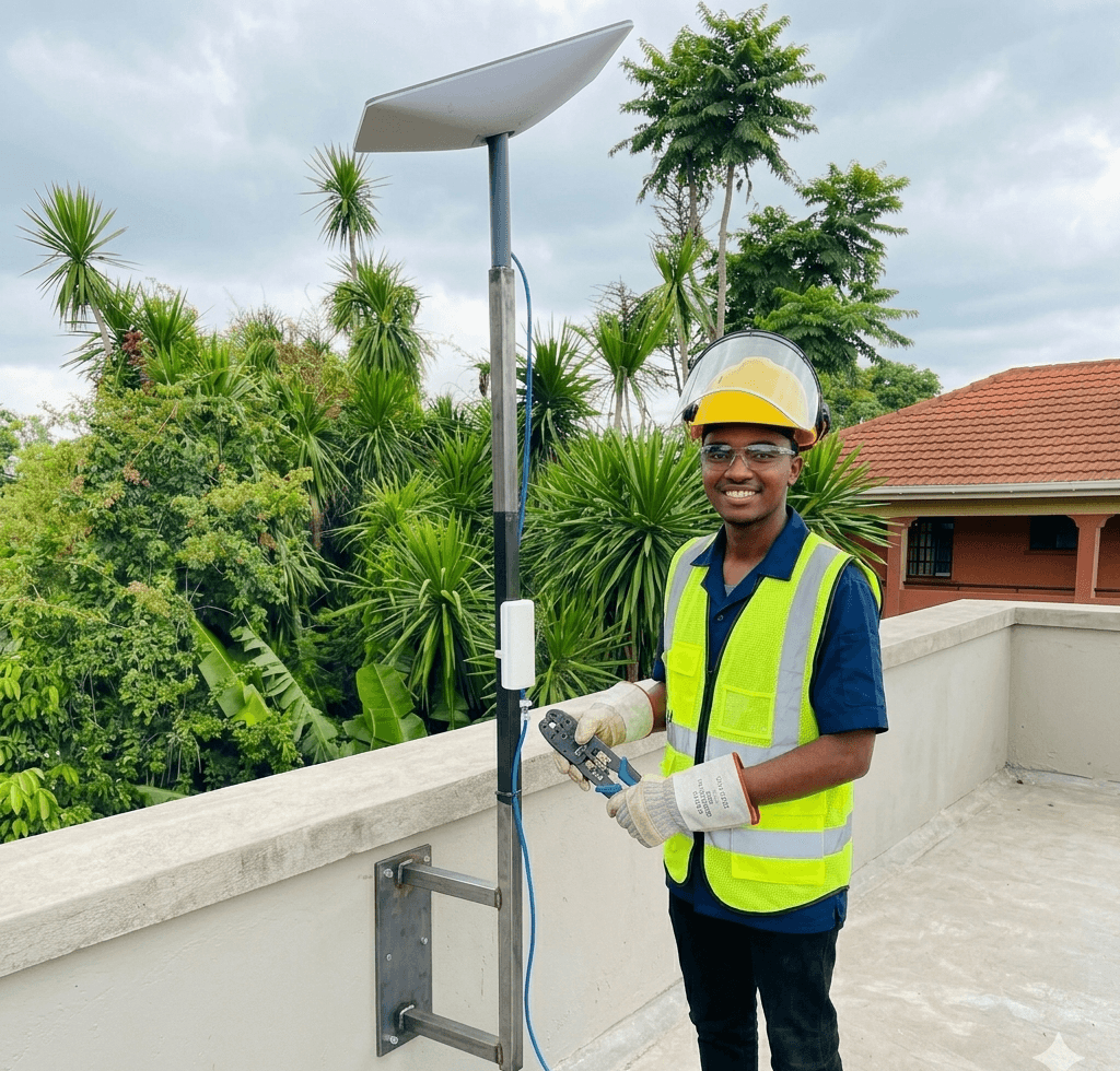 Technicien Akio Service en train de réaliser une installation Starlink